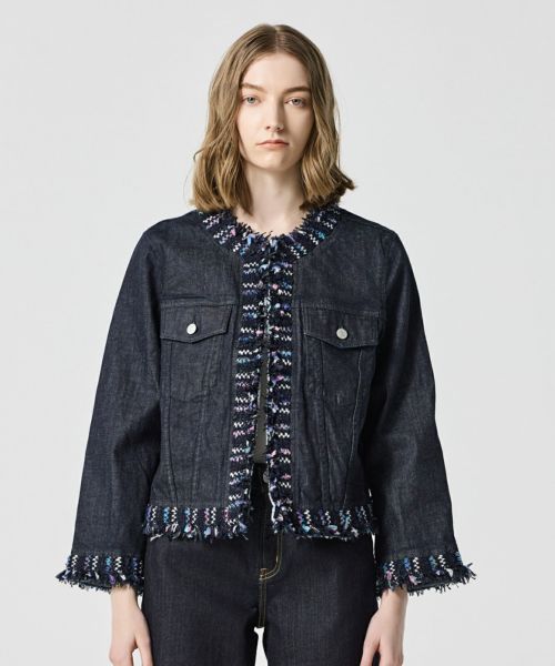 JAPAN DENIM(ジャパンデニム)】 COOHEM_TWEED FRINGE NO COLLAR JACKET