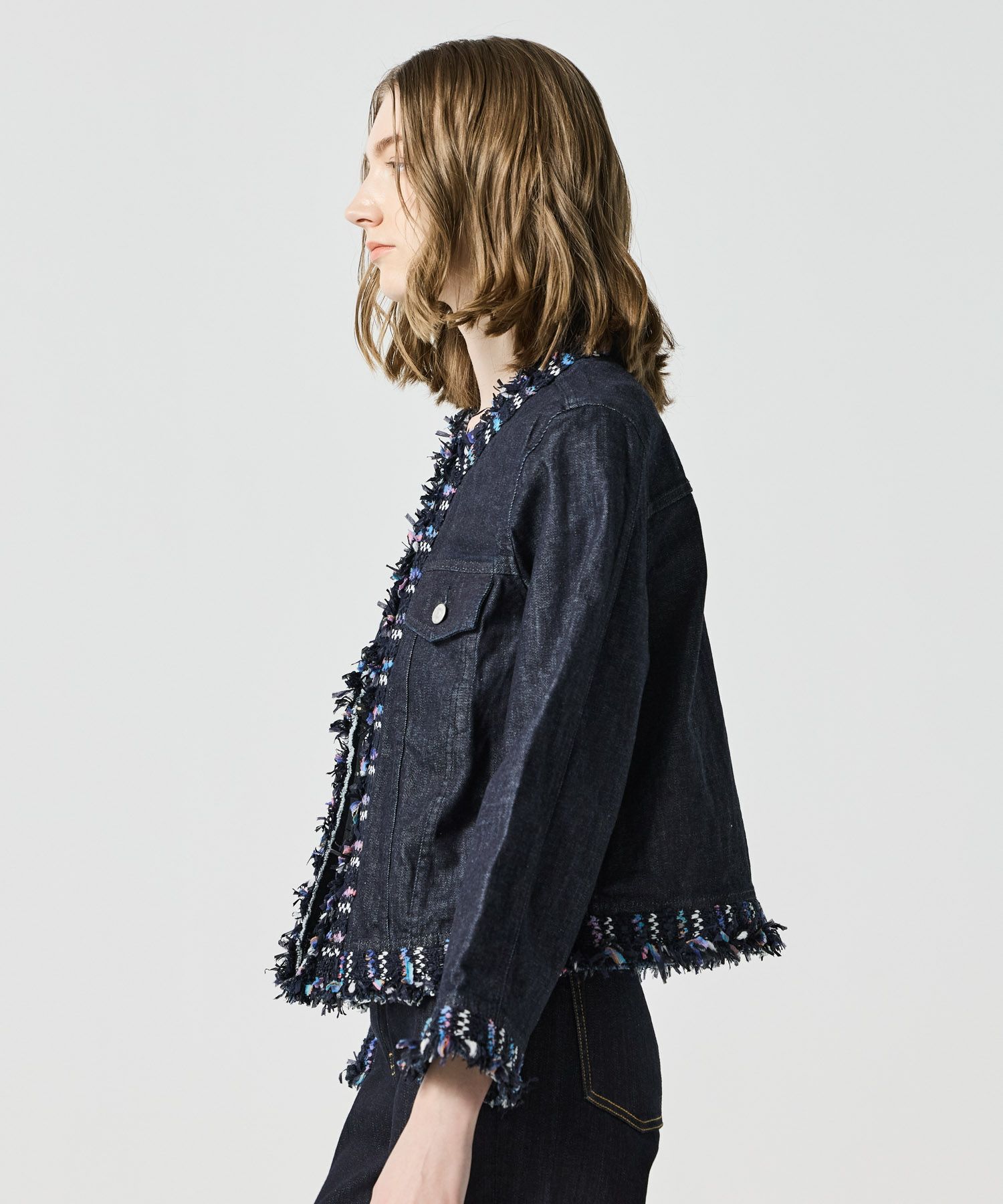 JAPAN DENIM(ジャパンデニム)】 COOHEM_TWEED FRINGE NO COLLAR JACKET