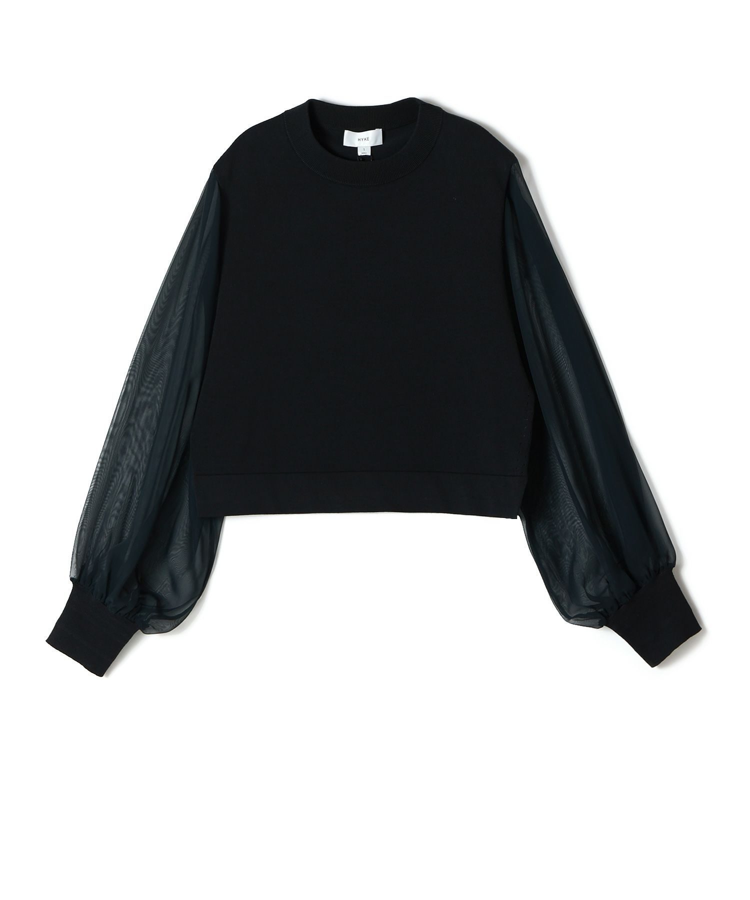 HYKE(ハイク)】 CREW NECK CROPPED SWEATER WITH SHEER SLEEVES 