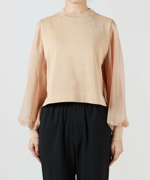 HYKE(ハイク)】 CREW NECK CROPPED SWEATER WITH SHEER SLEEVES