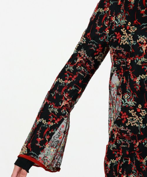 Floral Lace Stand Collar Shirt - vermillion - Mame Kurogouchi