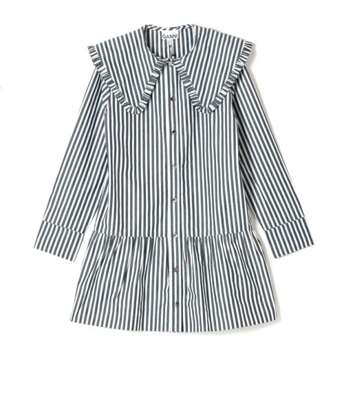 GANNI(ガニー)】 BLACK AND WHITE STRIPE MINI SHIRT DRESS