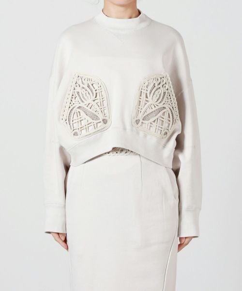 mame Kurogouchi マメ　スウェット　コード刺繍　JS051 Cording Embroidery Cropped Sweatshirt - ecru - Mame Kurogouchi