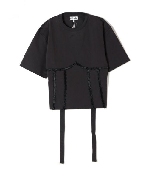 【関税込み】GANNI ブラック Tie Back コットン Tシャツ Phantom Black Cotton Tie Back T-shirt | GANNI US