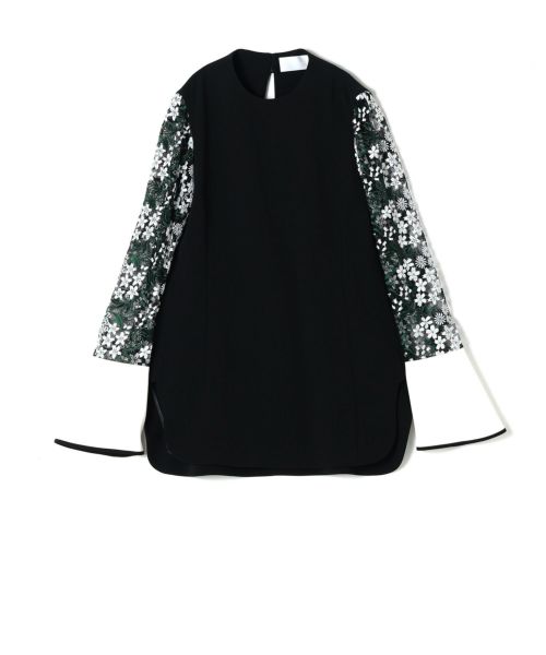 Acetate Polyester Floral Lace-Sleeve Shirt - black - Mame
