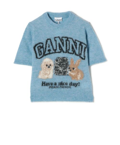GANNI ライトブルー 半袖ニット 動物柄 GANNI ライトブルー 動物モチーフ ニット