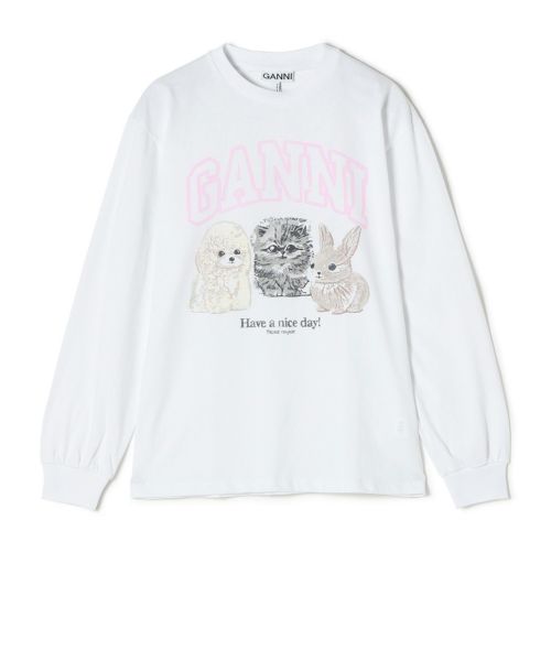 GANNI ピンク猫デザイン Tシャツ GANNI キャットプリント Tシャツ | ピンク | FARFETCH JP