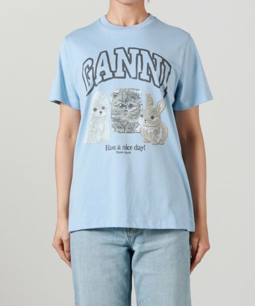 【GANNI】Blue Animal Print T-shirt コットン Tシャツ Chambray Blue Blue Animal Print T-shirt | GANNI US